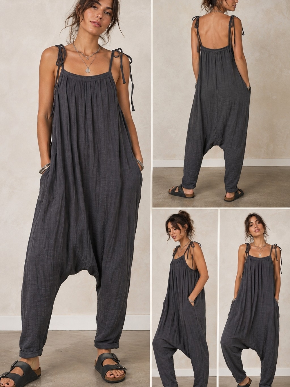 Free People FP One Frankie Harem Jumpsuit M Charcoal Grey Slouchy Drop Crotch